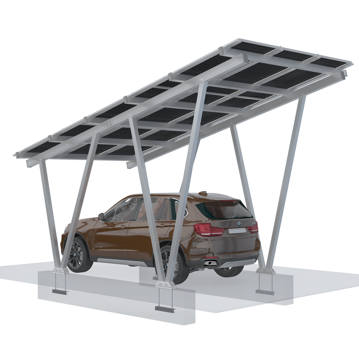 Solar carport with a brown SUV underneath on a white background