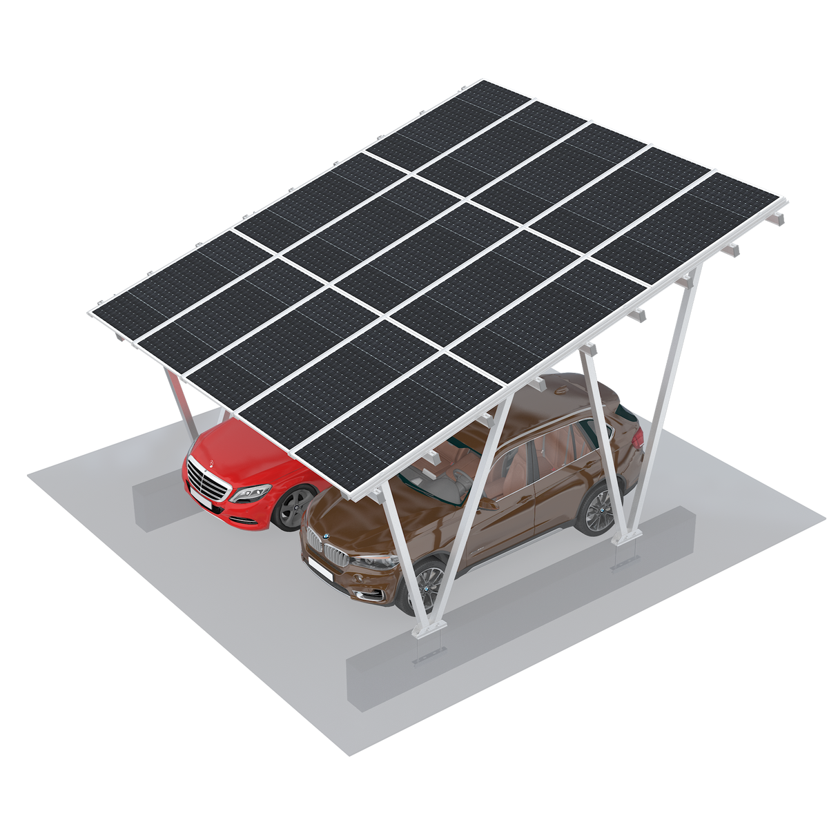 Solar carport with two cars underneath on a white background