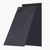 Un panneau solaire noir, parsemé de fines lignes argentées et muni de câbles noirs, représenté en position verticale sur un fond blanc uni.