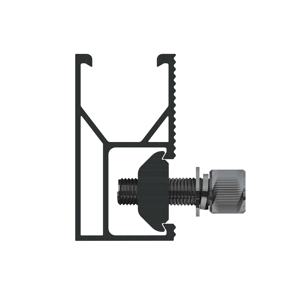 Black metal rail with the Elios Black Sliding Nut/Bolt on a white background