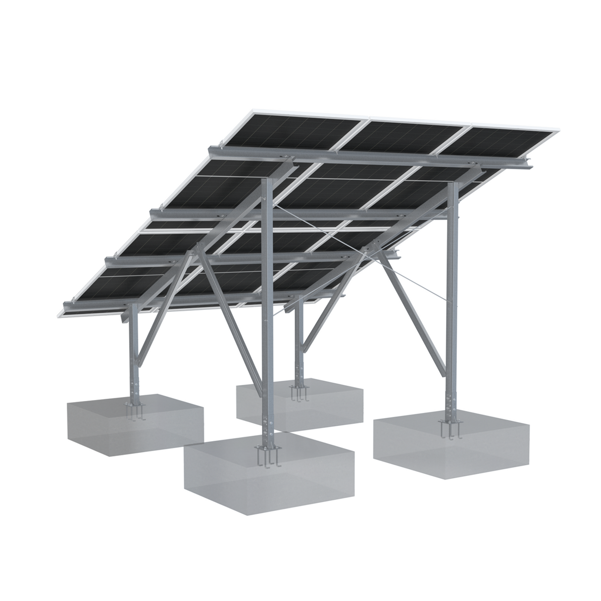 Back of a Solar panel system with 6 panels on 4 concrete base