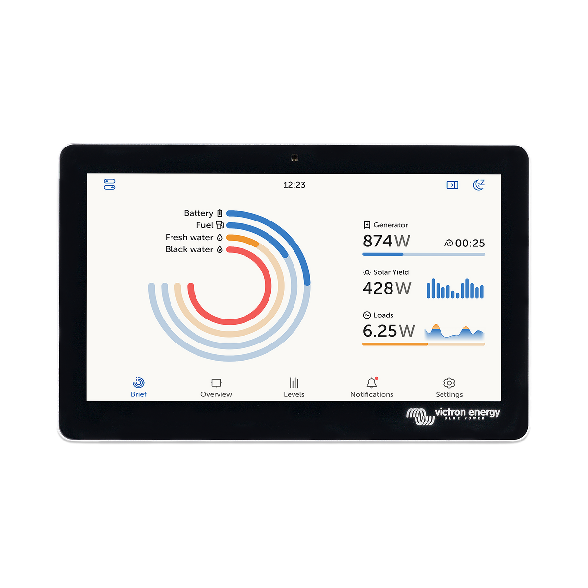Vue de face du Victron Energy GX Touch 70 montrant l'interface tactile avec le tableau de bord de surveillance du système