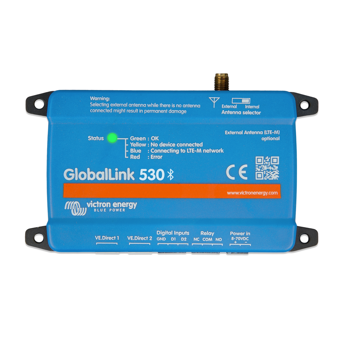 Compteur d'énergie Bluetooth Blue GlobalLink 530 de Victron Energy, doté d'un port de connexion à l'avant, d'un voyant d'état et des caractéristiques techniques imprimées sur fond blanc.