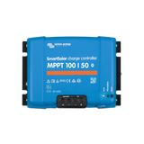 A Victron Energy SmartSolar MPPT 100|50 solar charge controller with a blue casing, black terminal block, and white printed text on a solid white background.