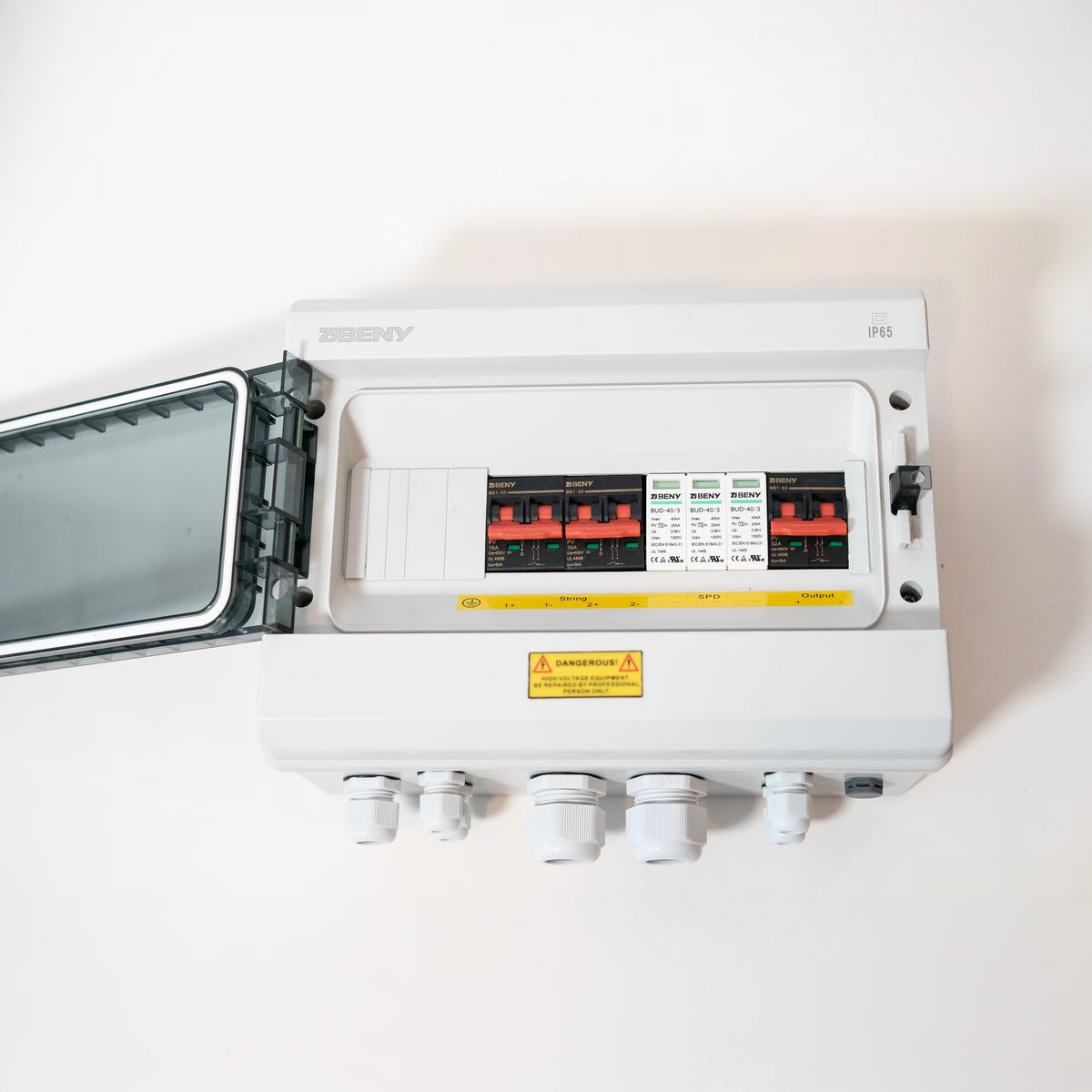 Open BENY BHS-2/1 DC combiner box showing breakers and surge protection devices