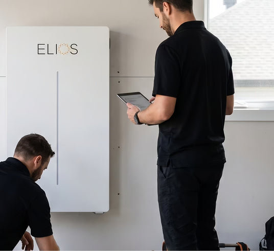 Certified installers connecting an Elios Litio 10.2 home battery system for the Quebec Rénoclimat rebate