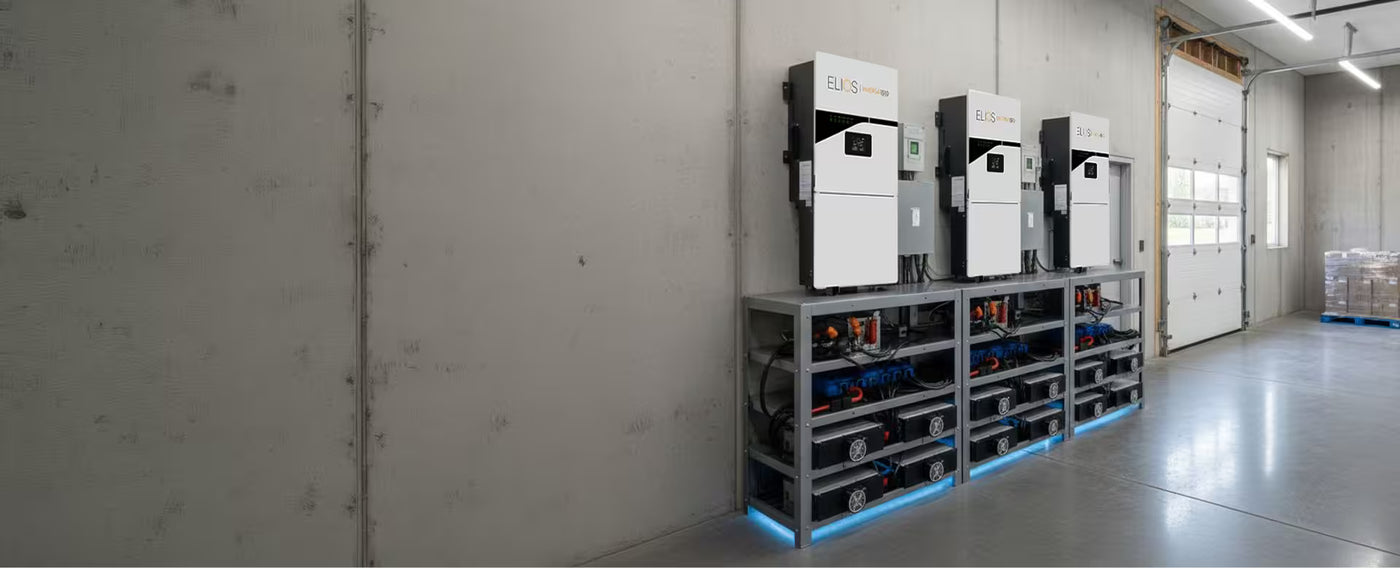 Elios commercial energy storage system with wall-mounted inverters and lithium battery bank racks in a warehouse