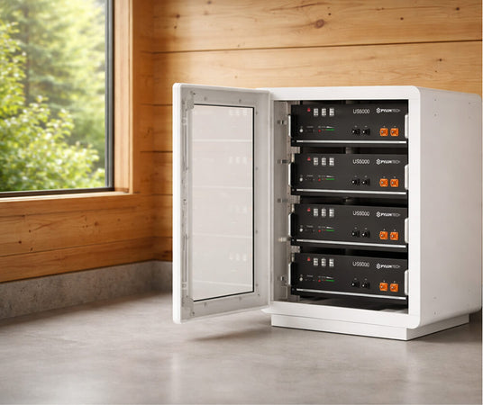 Pylontech US5000 48V 4.8kWh lithium battery stack in wall-mounted cabinet for residential solar storage