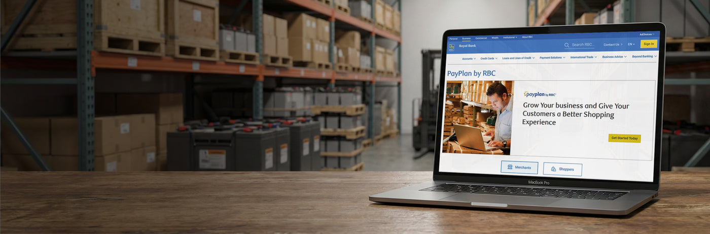 Laptop showing RBC PayPlan financing option for energy products in a Volts.ca warehouse