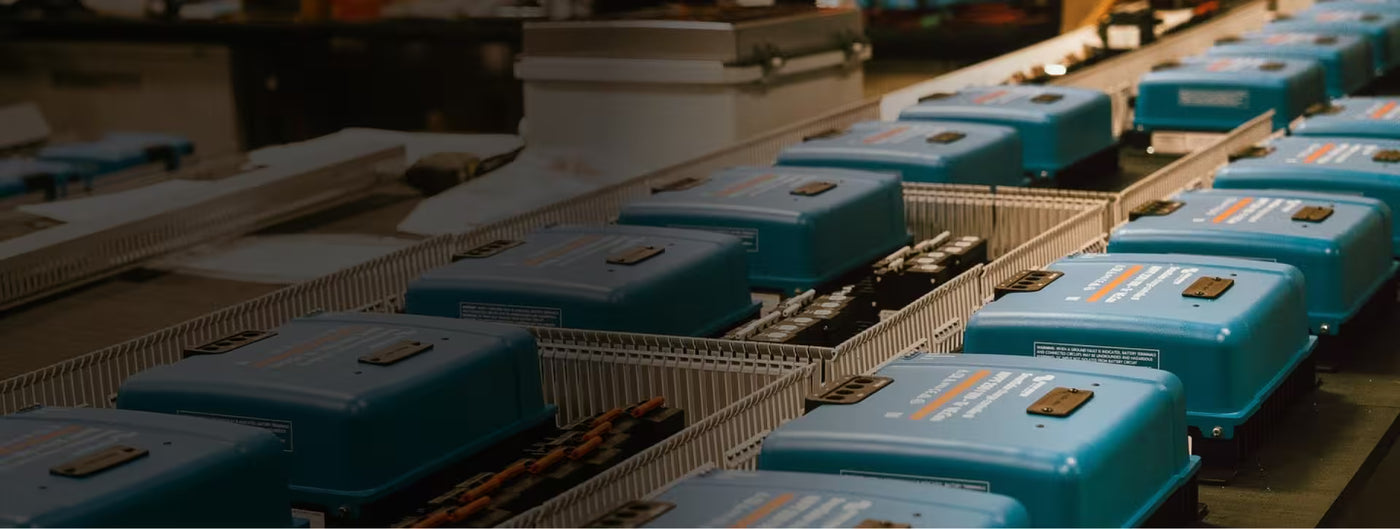 Victron Energy battery inverter-charger units in Volts Energies inventory warehouse, available across Canada