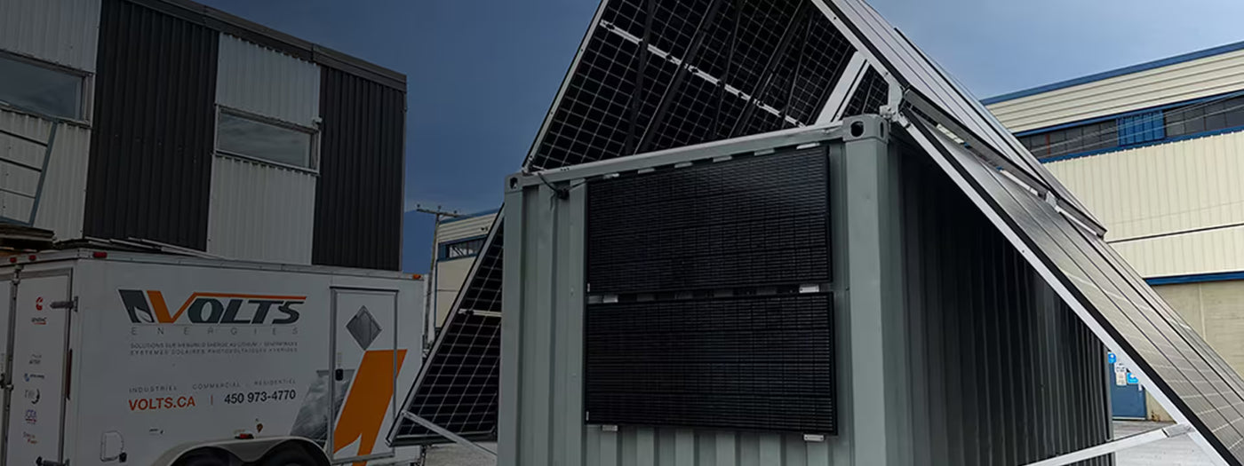 Volts Energies solar container with fully deployed bifacial solar panels at the company facility
