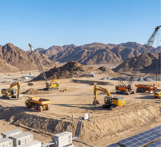 Large-scale solar energy construction site with excavators and cranes managed by Volts Energy Canada
