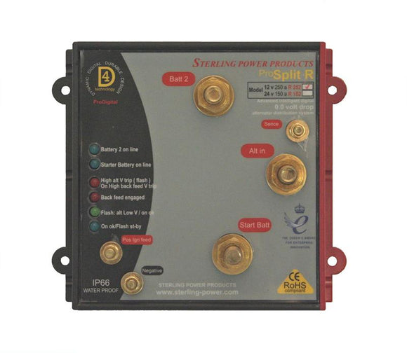 Sterling power ProSplit-R Zero Volt Drop Marine Battery Isolator - Intelligent Digital Alternator Distribution System (12V, 250 Amp, 2 Outputs)