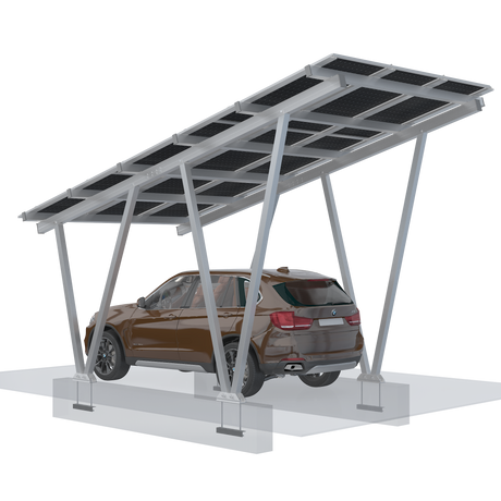 Solar carport with a brown SUV underneath on a white background