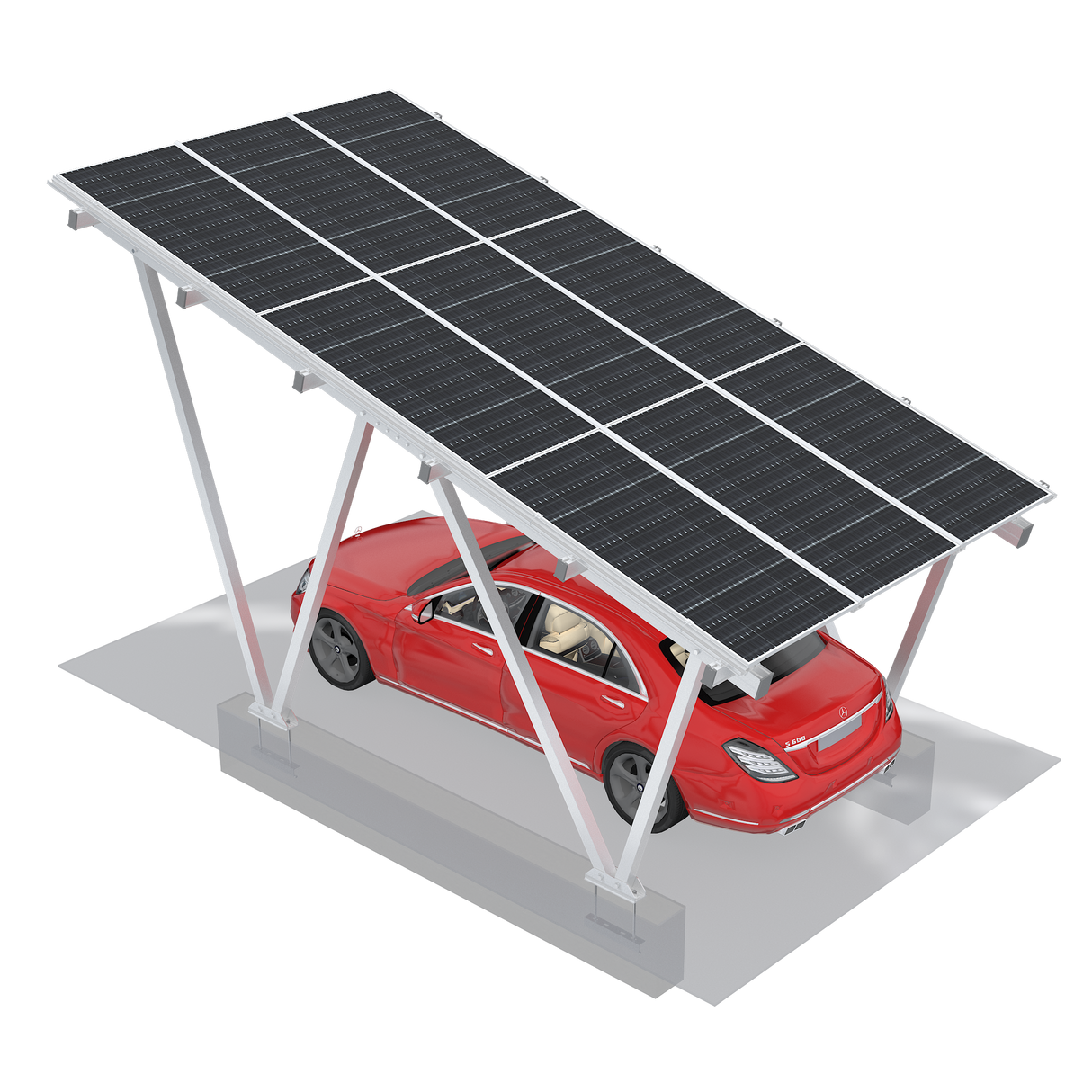 Solar carport with a red car underneath on a white background