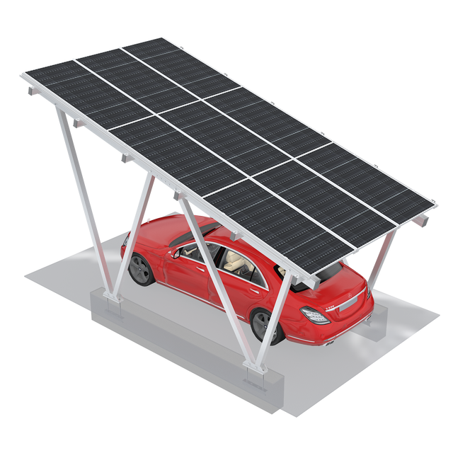 Solar carport with a red car underneath on a white background