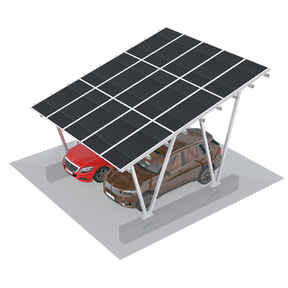 Solar carport with two cars underneath on a white background