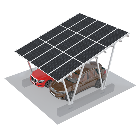 Solar carport with two cars underneath on a white background