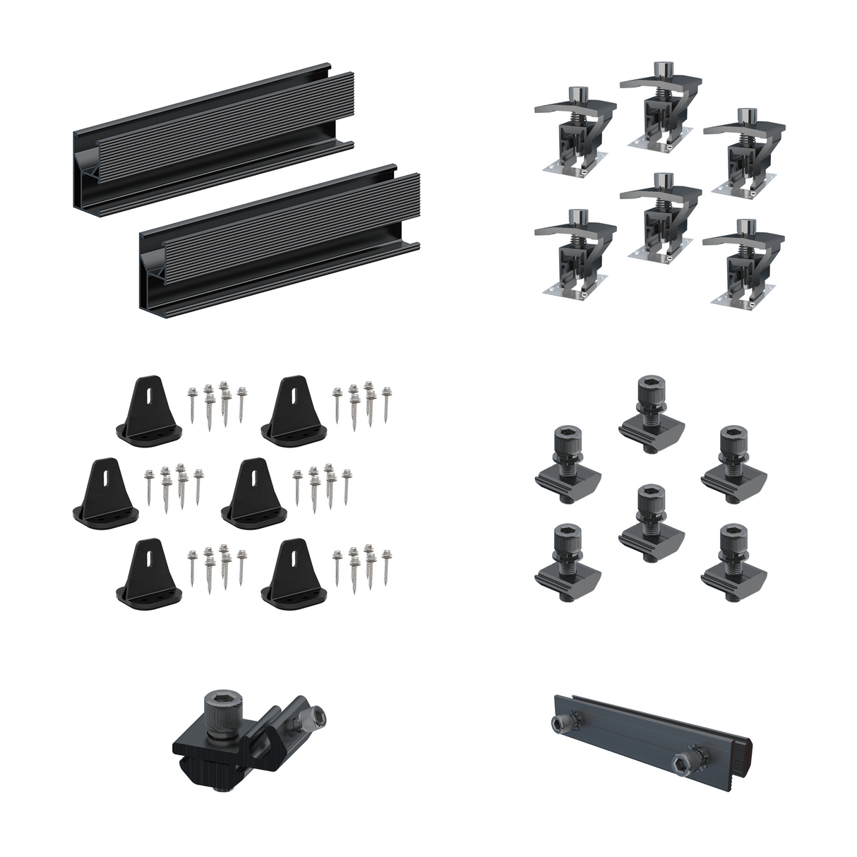 Collection of black Elios Solar components on a white background
