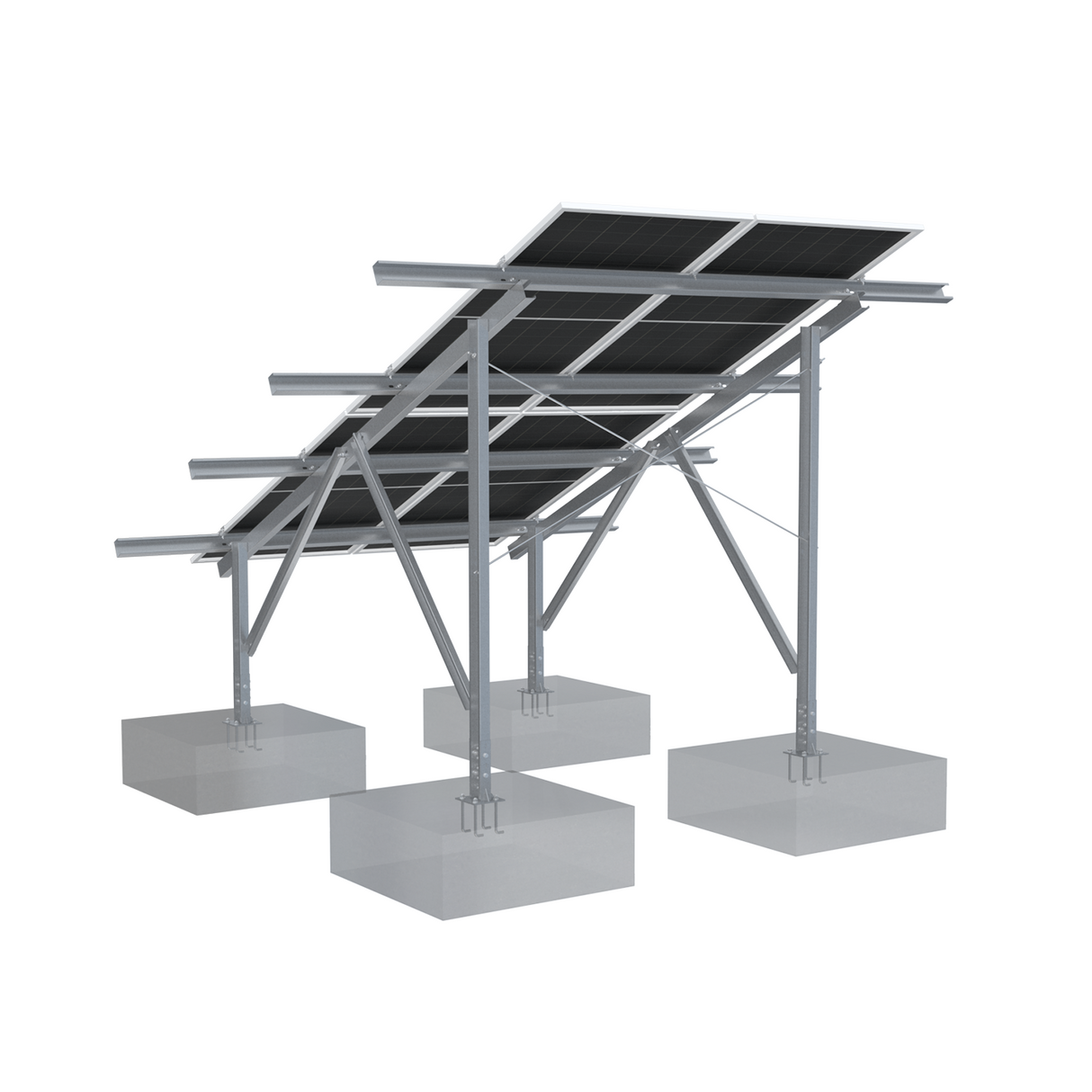 Back of the Solar panel system on a metal frame - 4 solar panels with four square bases on a white background