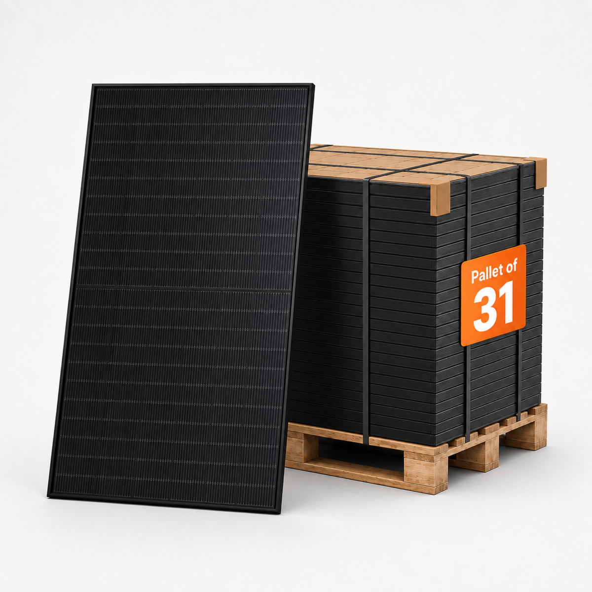 Elios 600W solar panel with 35mm black frame displayed beside a pallet of 31 panels.