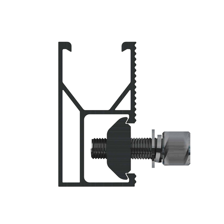 Black metal rail with the Elios Black Sliding Nut/Bolt on a white background