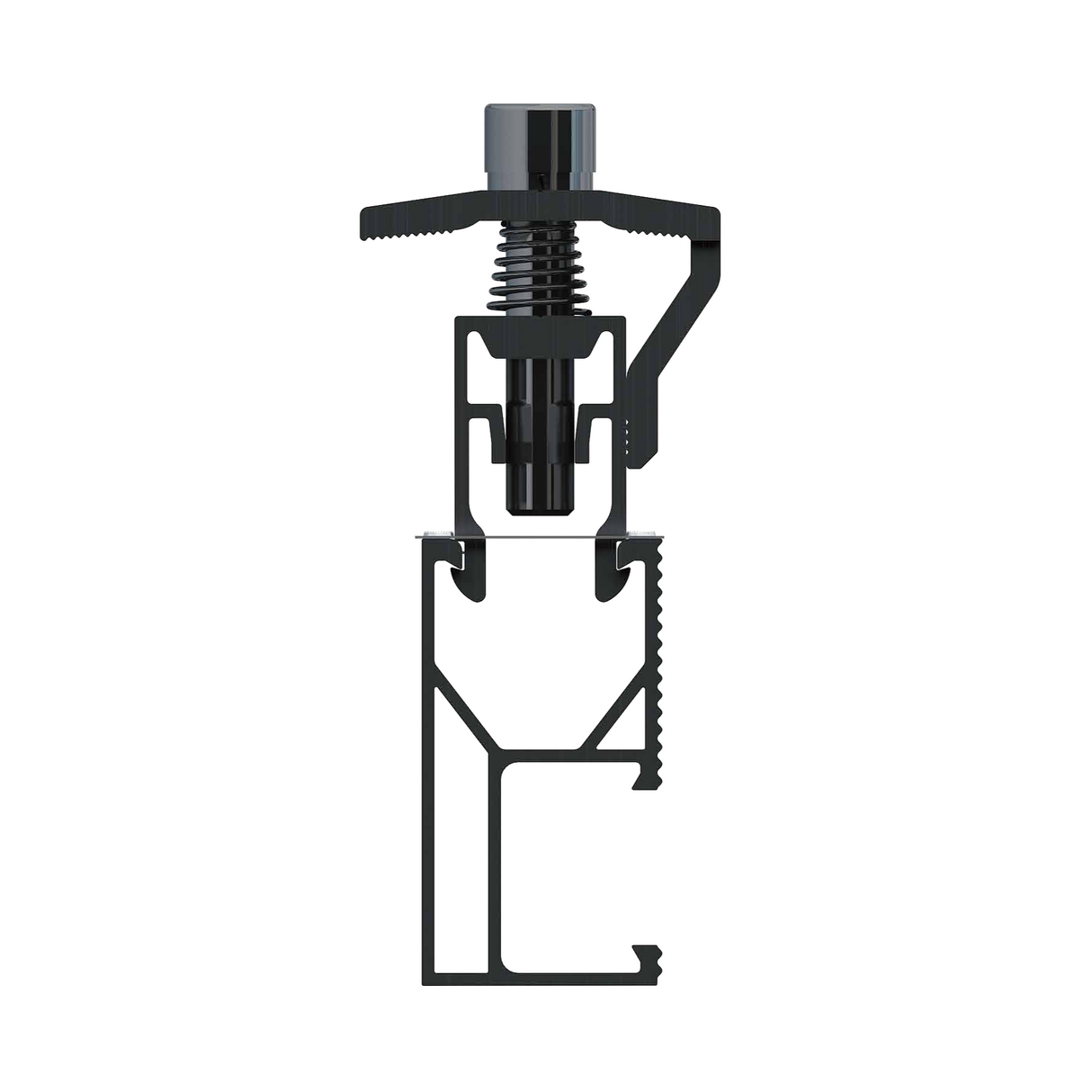 Elios Black Universal End and Middle Clamp installed on a black rail on white background
