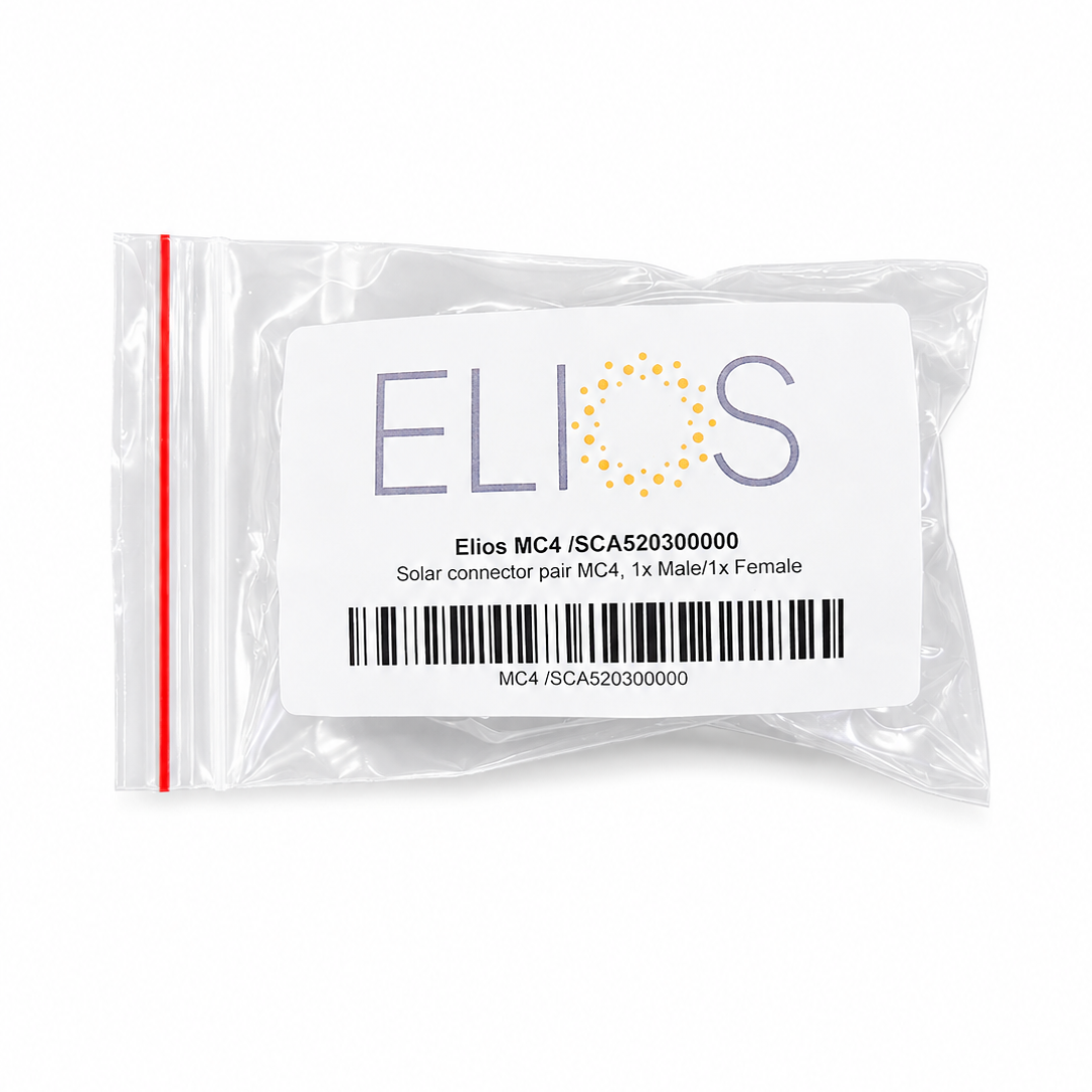 Packaged solar connector pair with ELIOS branding on a white background