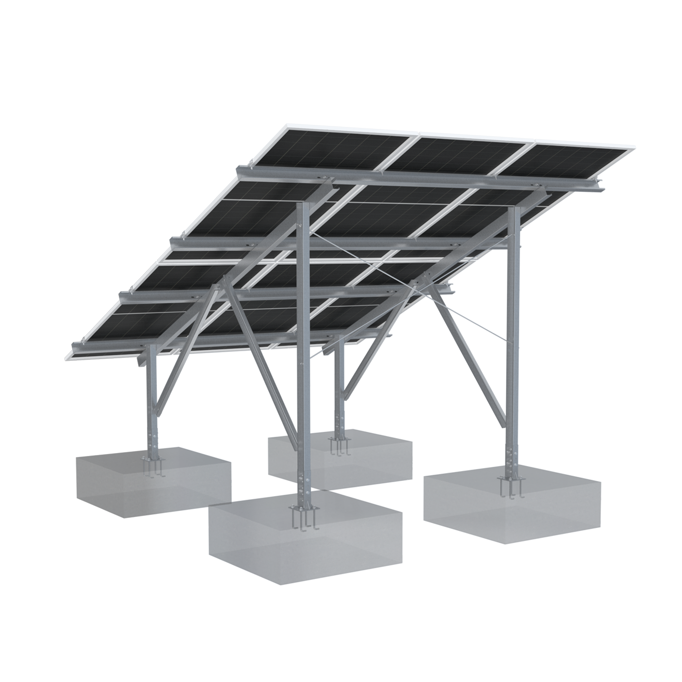 Back of a Solar panel system with 6 panels on 4 concrete base