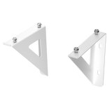 Two white triangular metal wall brackets with pre-installed mounting screws, shown on a plain white background.