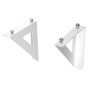 Two white triangular metal wall brackets with pre-installed mounting screws, shown on a plain white background.