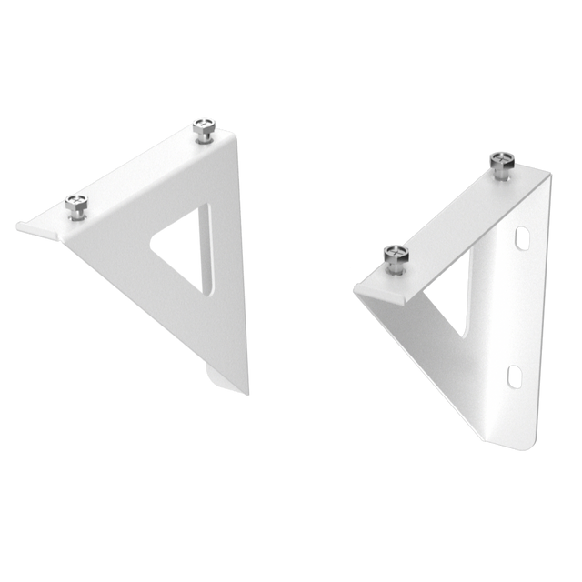 Two white triangular metal wall brackets with pre-installed mounting screws, shown on a plain white background.