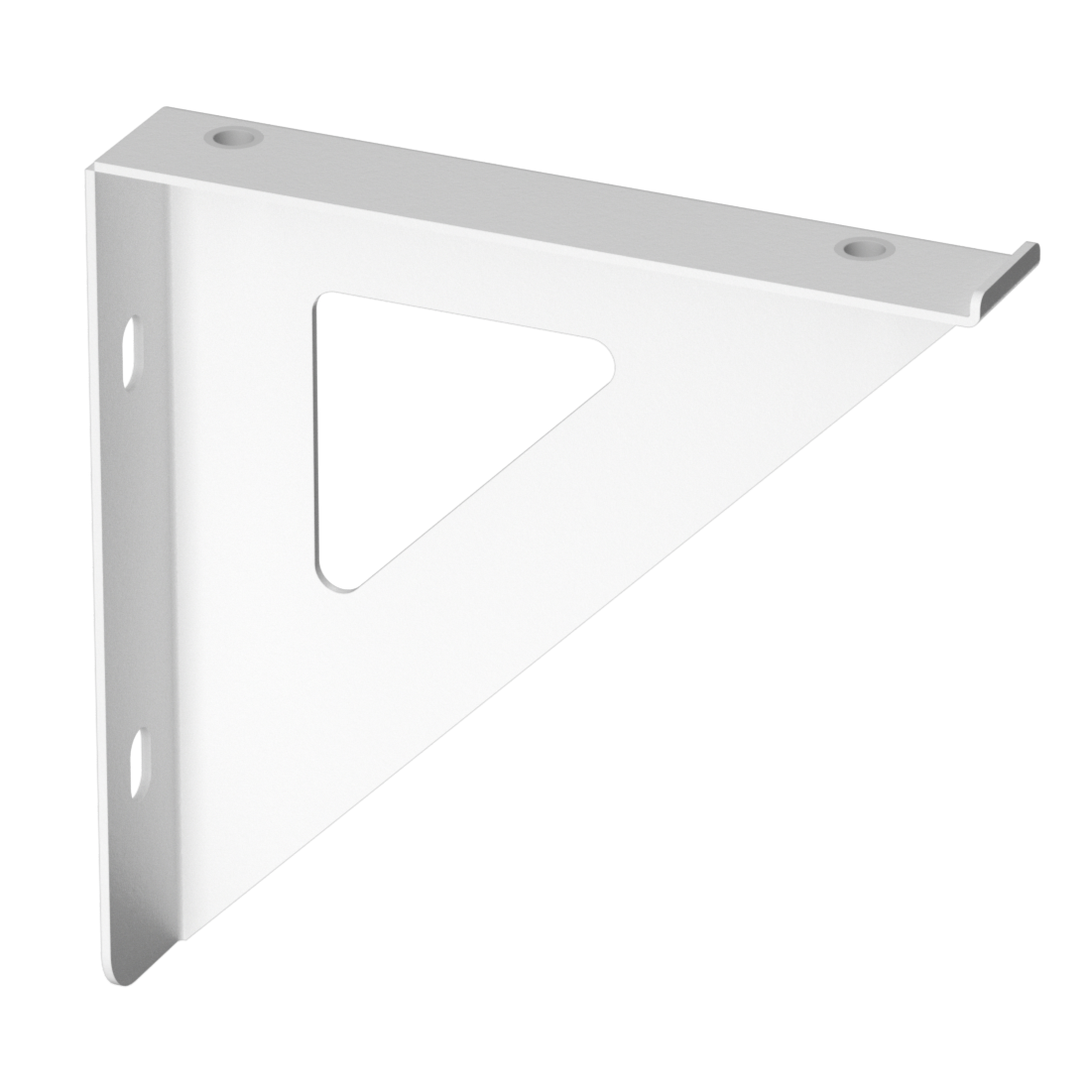A white metal triangular wall bracket with pre-drilled mounting holes, shown on a solid white background.