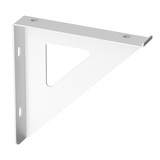 A white metal triangular wall bracket with pre-drilled mounting holes, shown on a solid white background.
