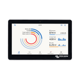 Vue de face du Victron Energy GX Touch 70 montrant l'interface tactile avec le tableau de bord de surveillance du système