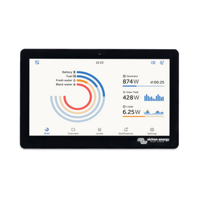 Vue de face du Victron Energy GX Touch 70 montrant l'interface tactile avec le tableau de bord de surveillance du système