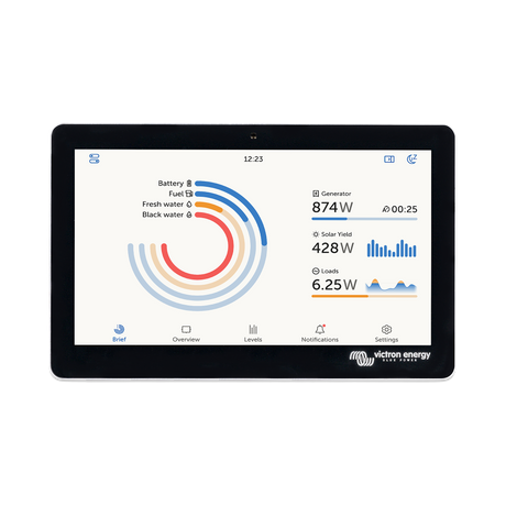 Vue de face du Victron Energy GX Touch 70 montrant l'interface tactile avec le tableau de bord de surveillance du système