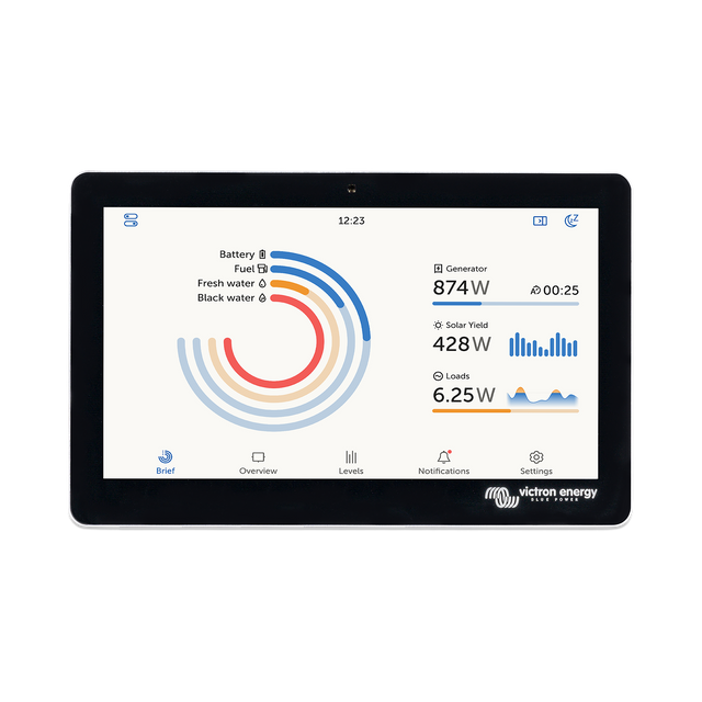 Vue de face du Victron Energy GX Touch 70 montrant l'interface tactile avec le tableau de bord de surveillance du système