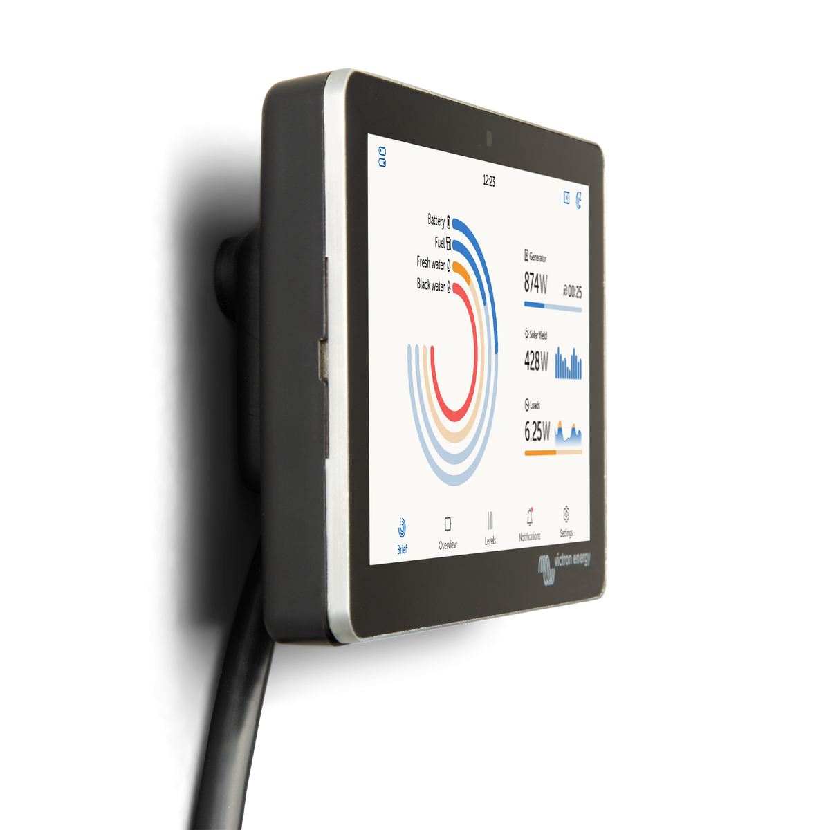 Vue latérale du Victron Energy GX Touch 70 montrant l'écran tactile, le boîtier fin et le câble raccordé