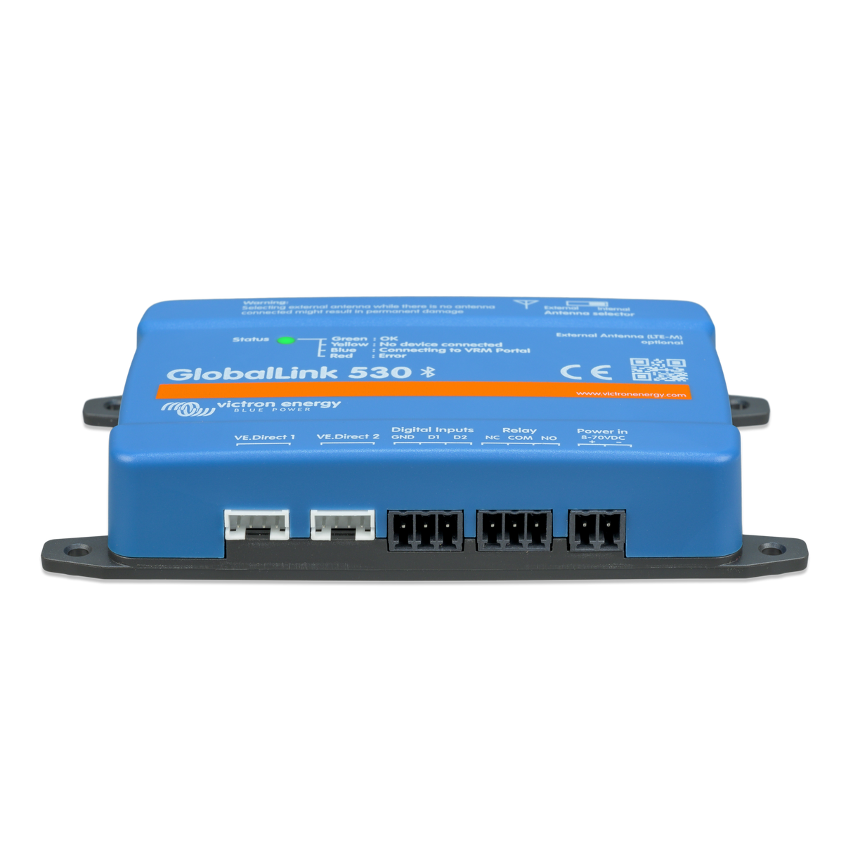 A blue GlobalLink 530 S electronic module by Victron Energy, featuring RJ45 ports and digital input/output connectors on a white background.