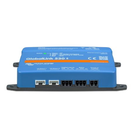 A blue GlobalLink 530 S electronic module by Victron Energy, featuring RJ45 ports and digital input/output connectors on a white background.