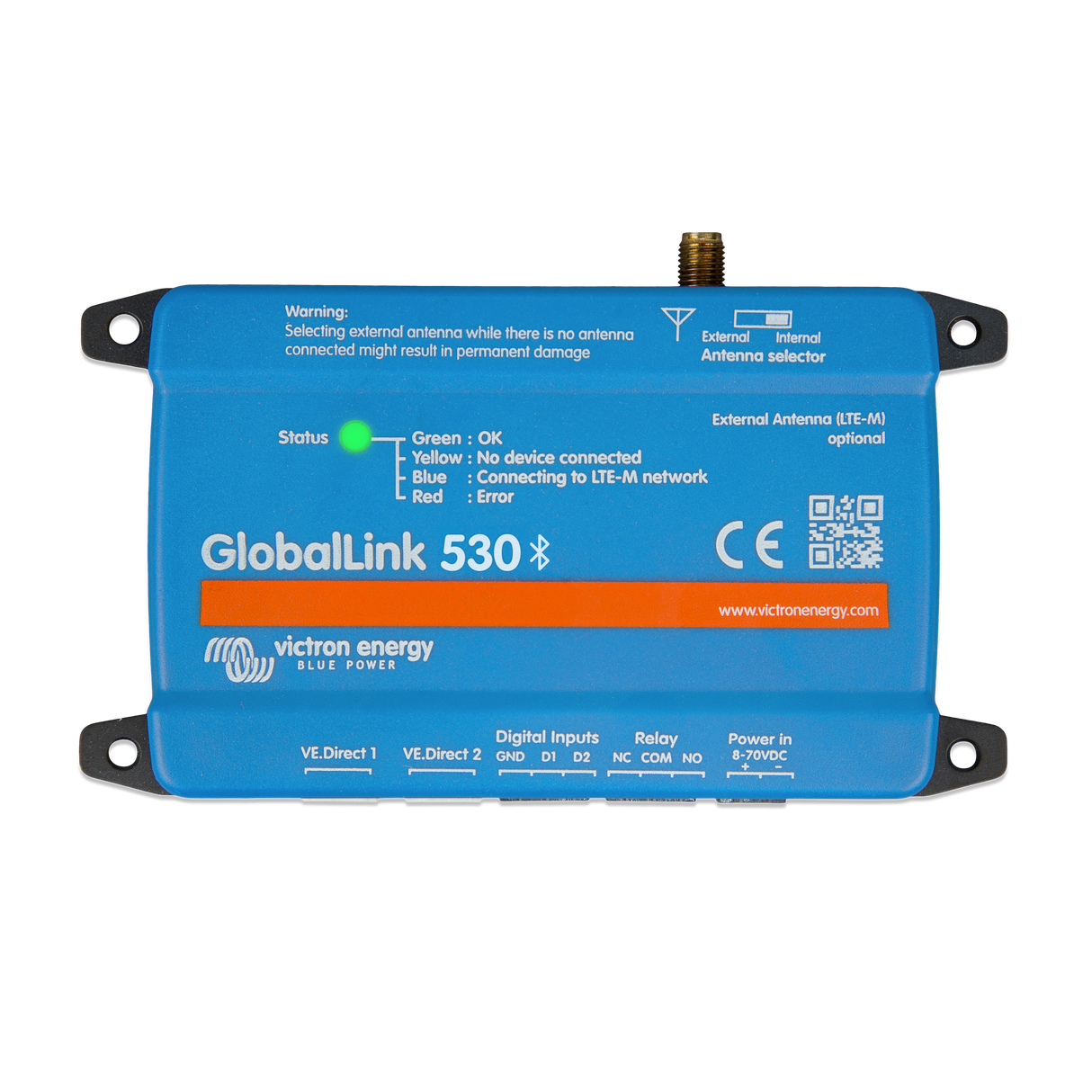 Blue GlobalLink 530 Bluetooth energy meter by Victron Energy, featuring a front connector port, status indicator light, and printed technical specifications on a white background.