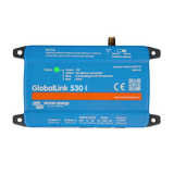 Blue GlobalLink 530 Bluetooth energy meter by Victron Energy, featuring a front connector port, status indicator light, and printed technical specifications on a white background.