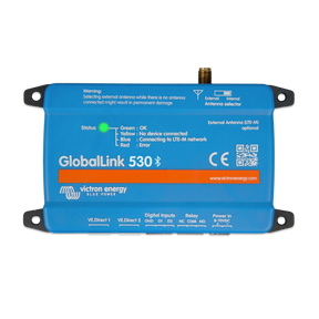 Blue GlobalLink 530 Bluetooth energy meter by Victron Energy, featuring a front connector port, status indicator light, and printed technical specifications on a white background.