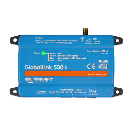 Blue GlobalLink 530 Bluetooth energy meter by Victron Energy, featuring a front connector port, status indicator light, and printed technical specifications on a white background.