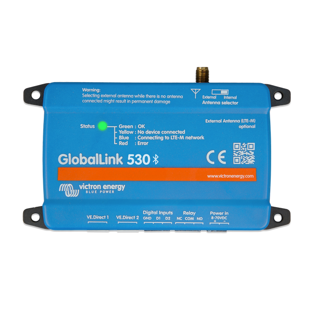 Blue GlobalLink 530 Bluetooth energy meter by Victron Energy, featuring a front connector port, status indicator light, and printed technical specifications on a white background.