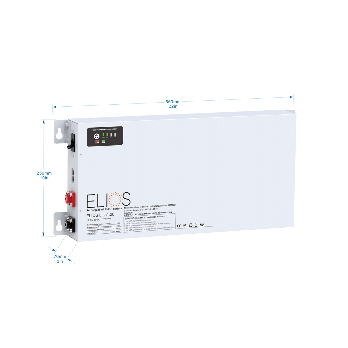 Elios Litio1.28H-BT | 12.8V 100Ah/ 1280Wh Heated Bluetooth LiFePO4 Battery | Super Slim 2.75’