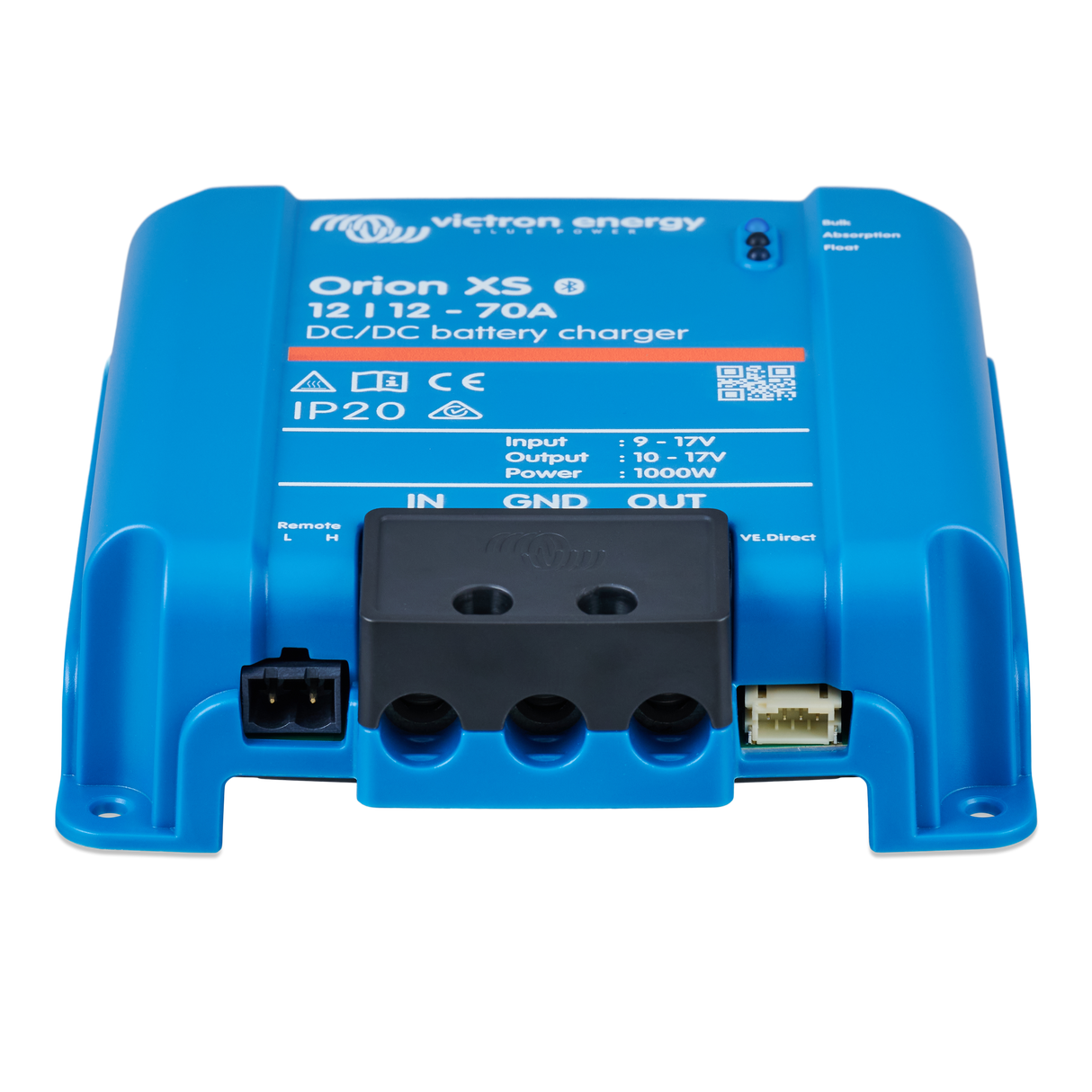 Victron Energy Orion XS 6 DC/DC battery charger, 12V 70A model, in bright blue with a black terminal block connector in the center, shown on a white background.