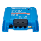 Victron Energy Orion XS 6 DC/DC battery charger, 12V 70A model, in bright blue with a black terminal block connector in the center, shown on a white background.
