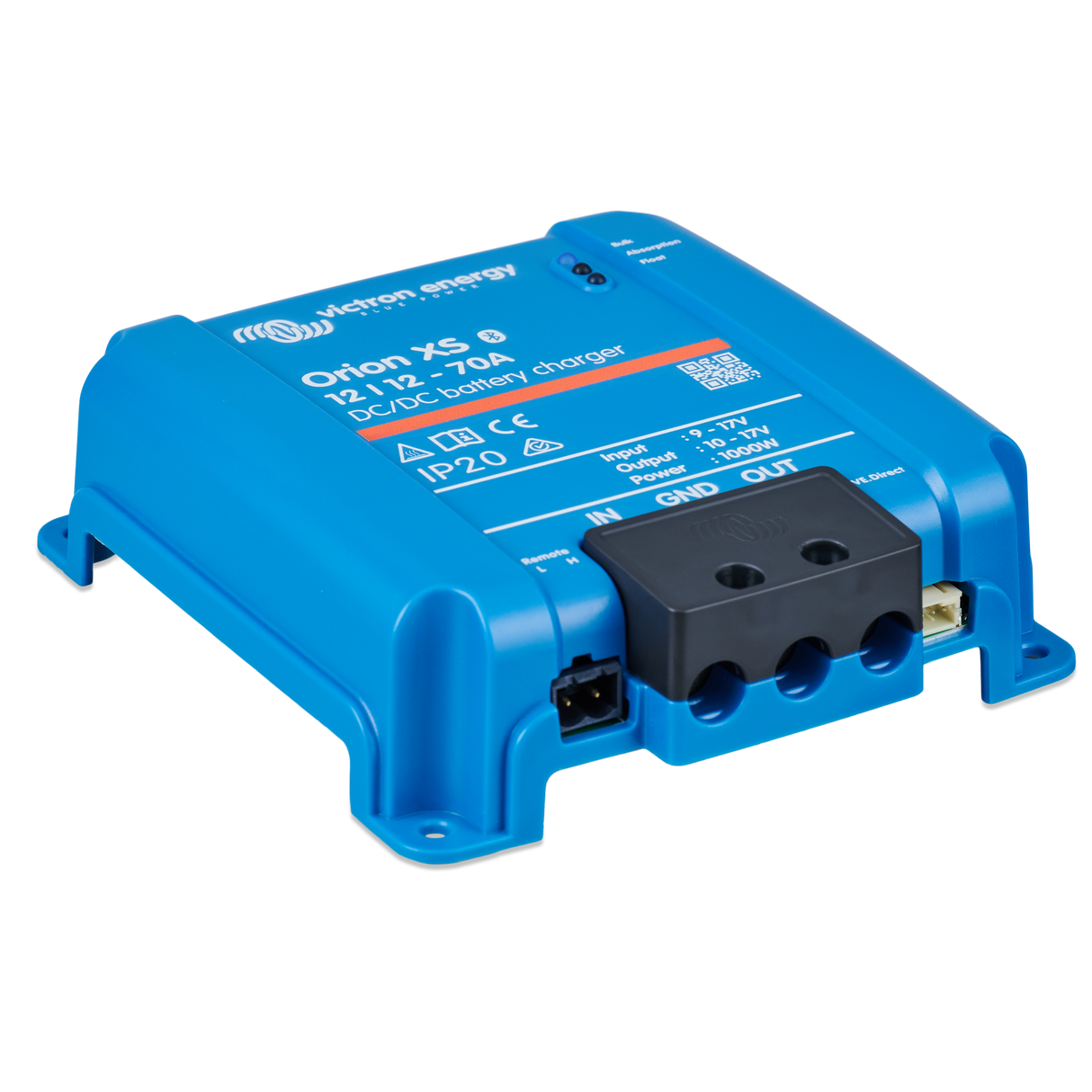 A blue Orion XS 9 12V/17A battery charger solar power module by MTO, shown at an angle on a white background.